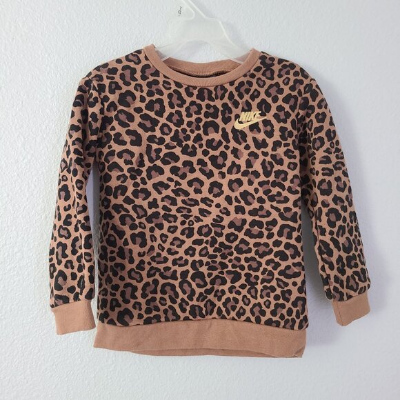 Nike Toddler Girls Leopard Print Crewneck Sweatshirt Brown Size 3T - Picture 1 of 9